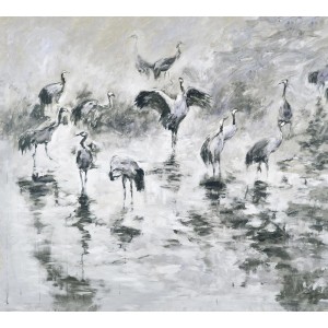 Grau-weiße Fototapete mit Kranichen im Gemälde-Stil. Asiatische Vliestapete für Schlafzimmer.