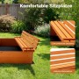 Sandkasten aus Fichtenholz mit klappbarer Sitzbank und Rückenlehne im Garten. Komfortable Sitzplätze.