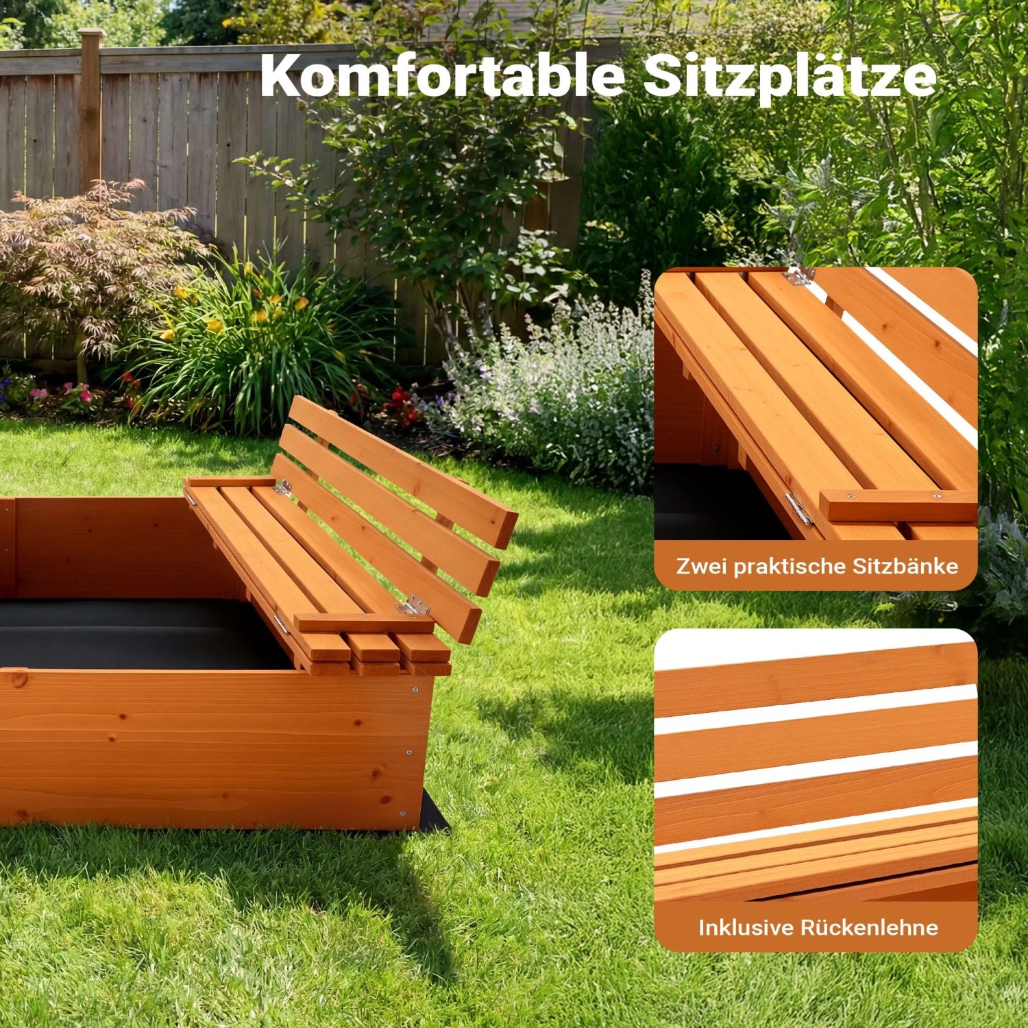 Sandkasten aus Fichtenholz mit klappbarer Sitzbank und Rückenlehne im Garten. Komfortable Sitzplätze.