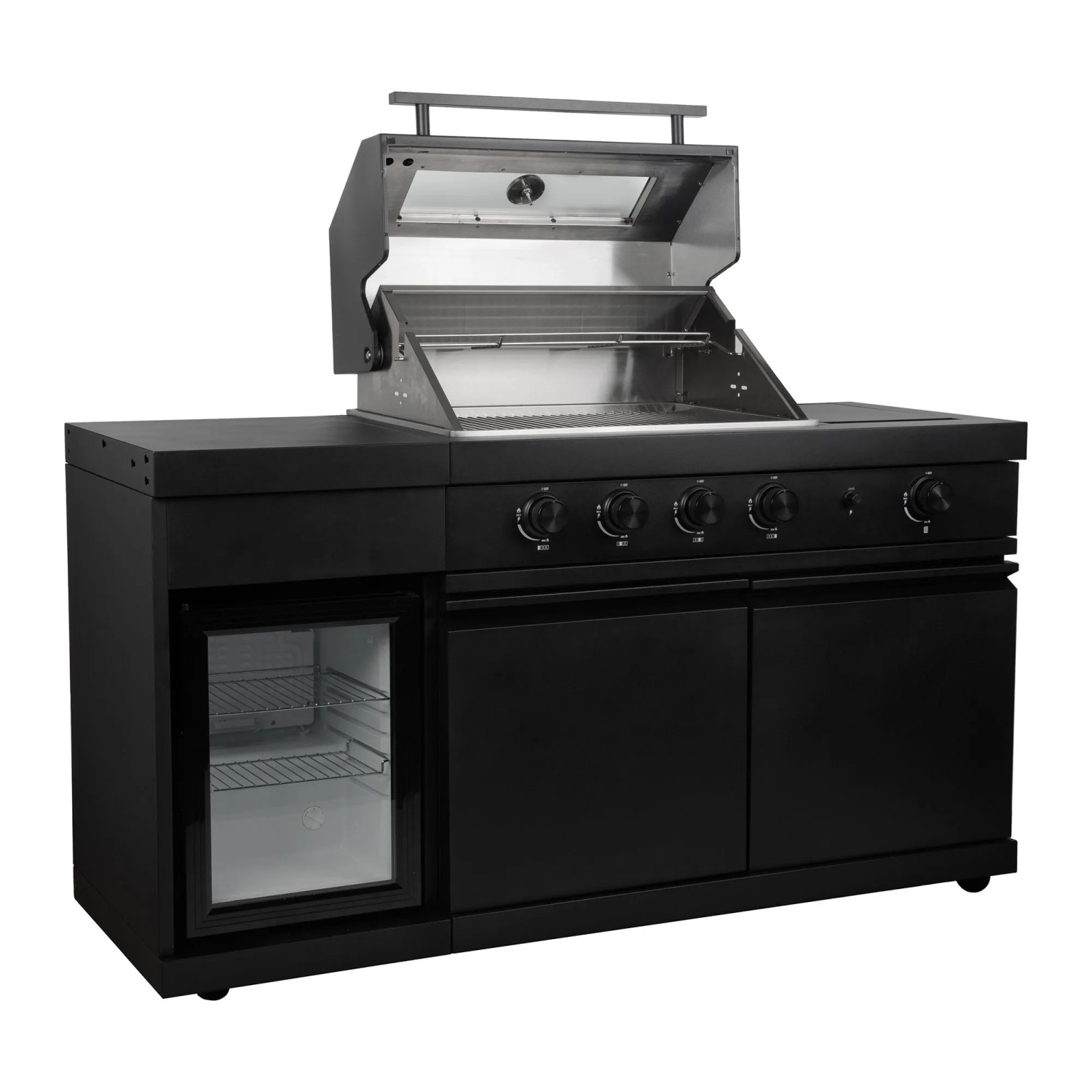 Buschbeck Outdoorküche Dublin Schwarz mit Grill, Sizzle Zone und Getränkekühlschrank.