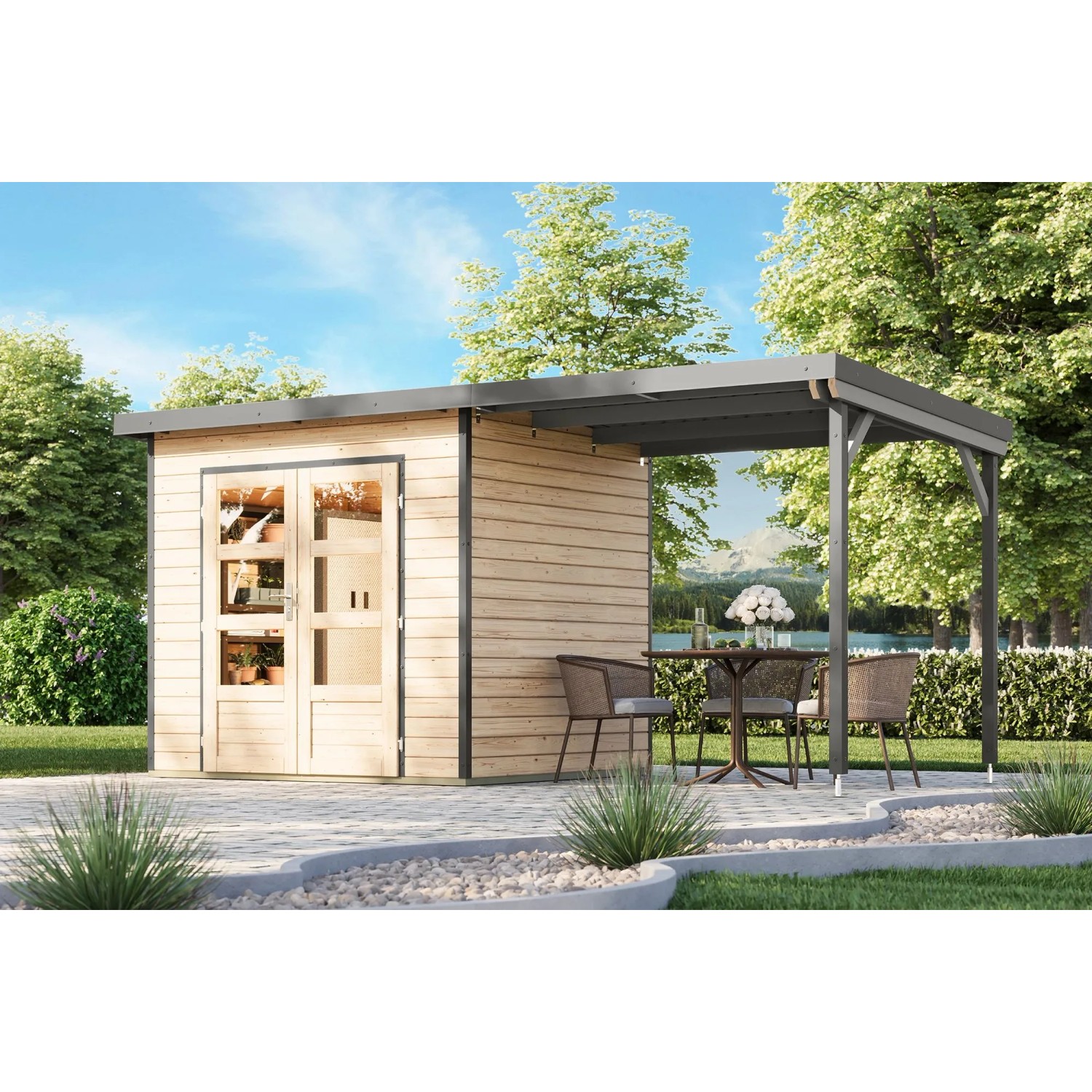 Karibu Gartenhaus Domingo 2 A mit Anbaudach 2,33 m Natur-Grau