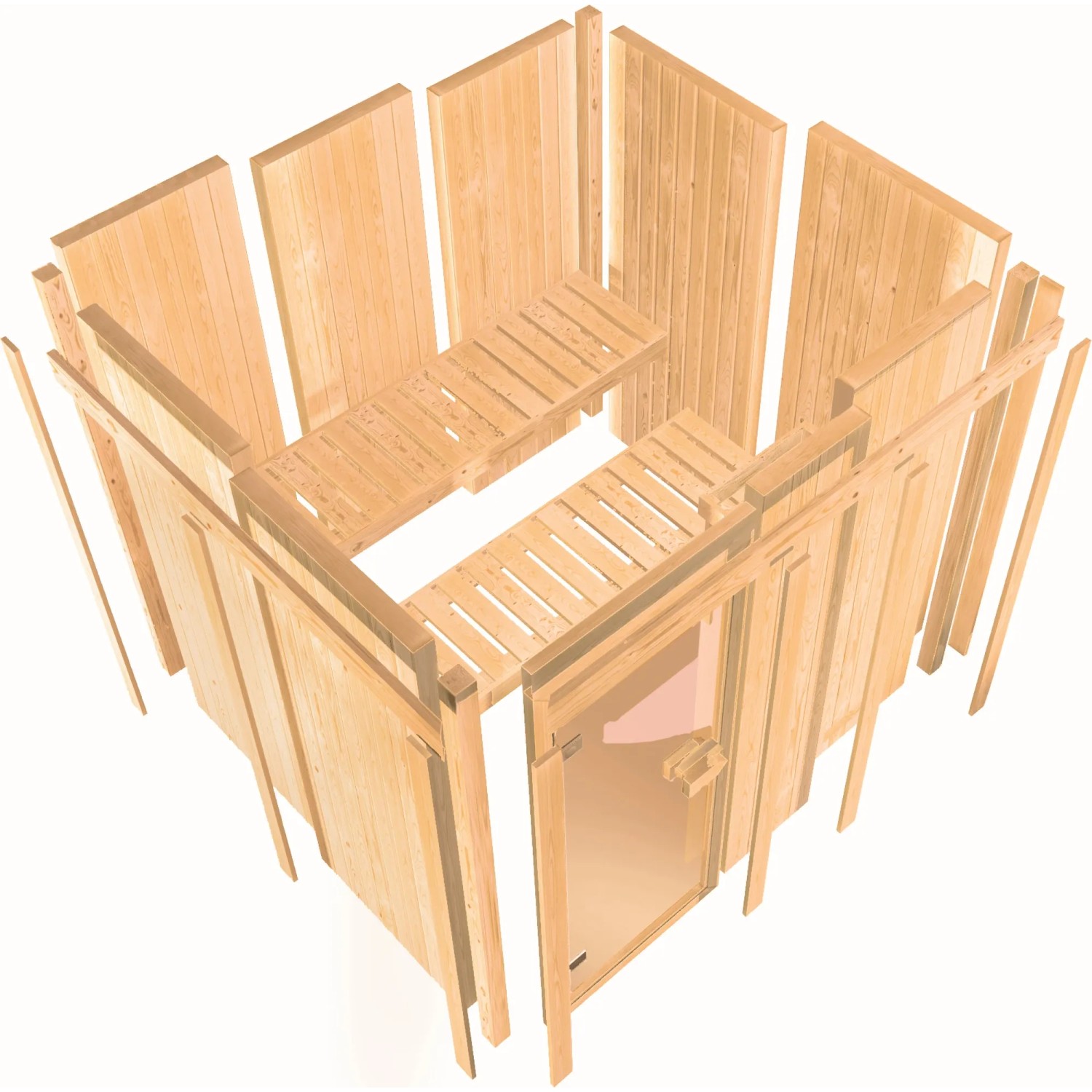 Karibu Sauna Rikka aus Fichte mit Edelstahlofen und externer Steuerung, naturbelassen.