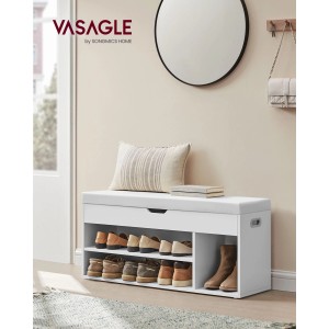 Weiße Vasagle Schuhbank mit Sitzfläche, Stauraum und Schuhen im Flur.