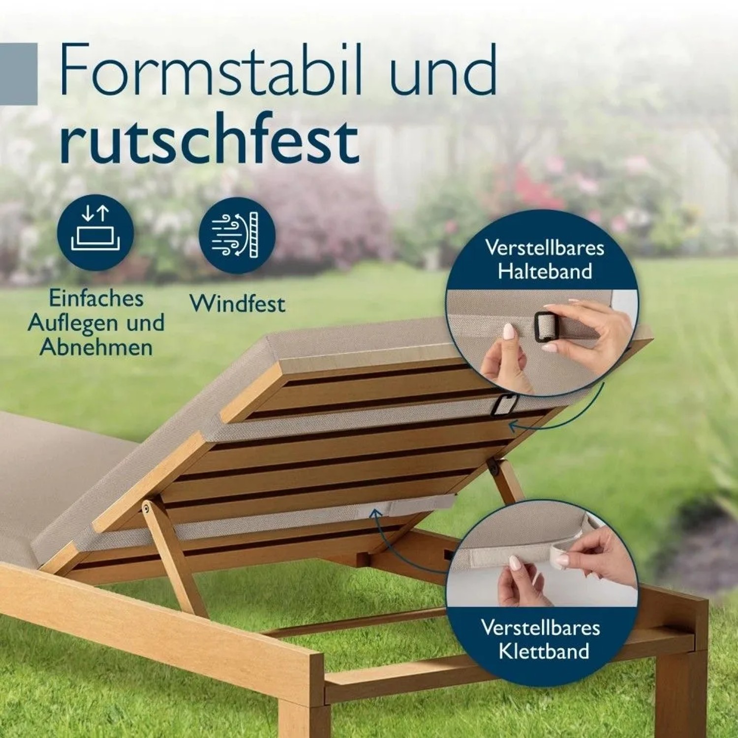Beige Beautissu Deckchair Auflage (2er Set) mit verstellbaren Haltebändern und Klettband.