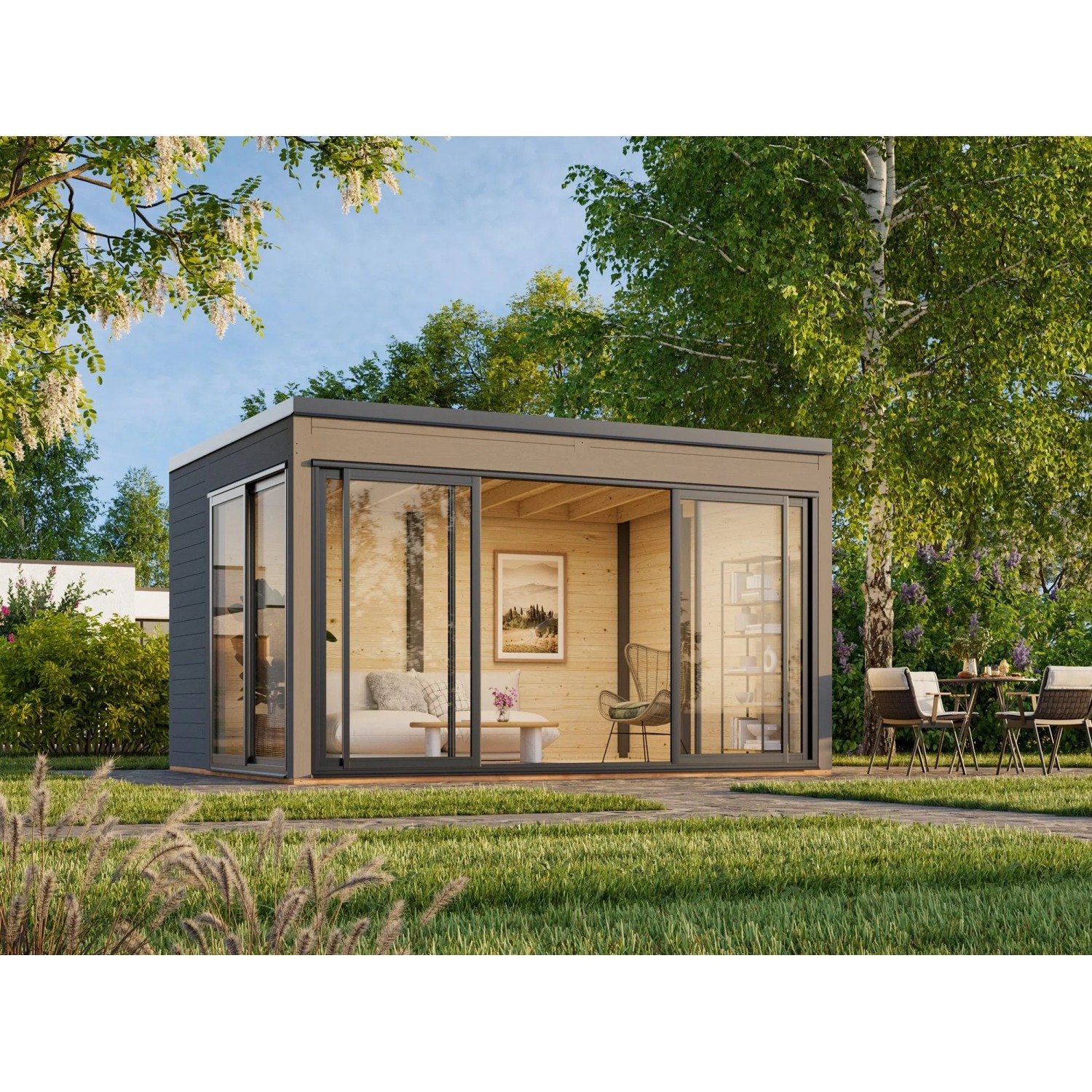 Palmako Holz-Gartenhaus Serena Slide Plus Pultdach Lackiert 420 cm x 320 cm