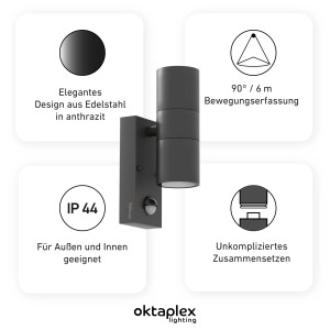 Oktaplex Chile Außenwandleuchte mit Bewegungsmelder, Edelstahl anthrazit.
