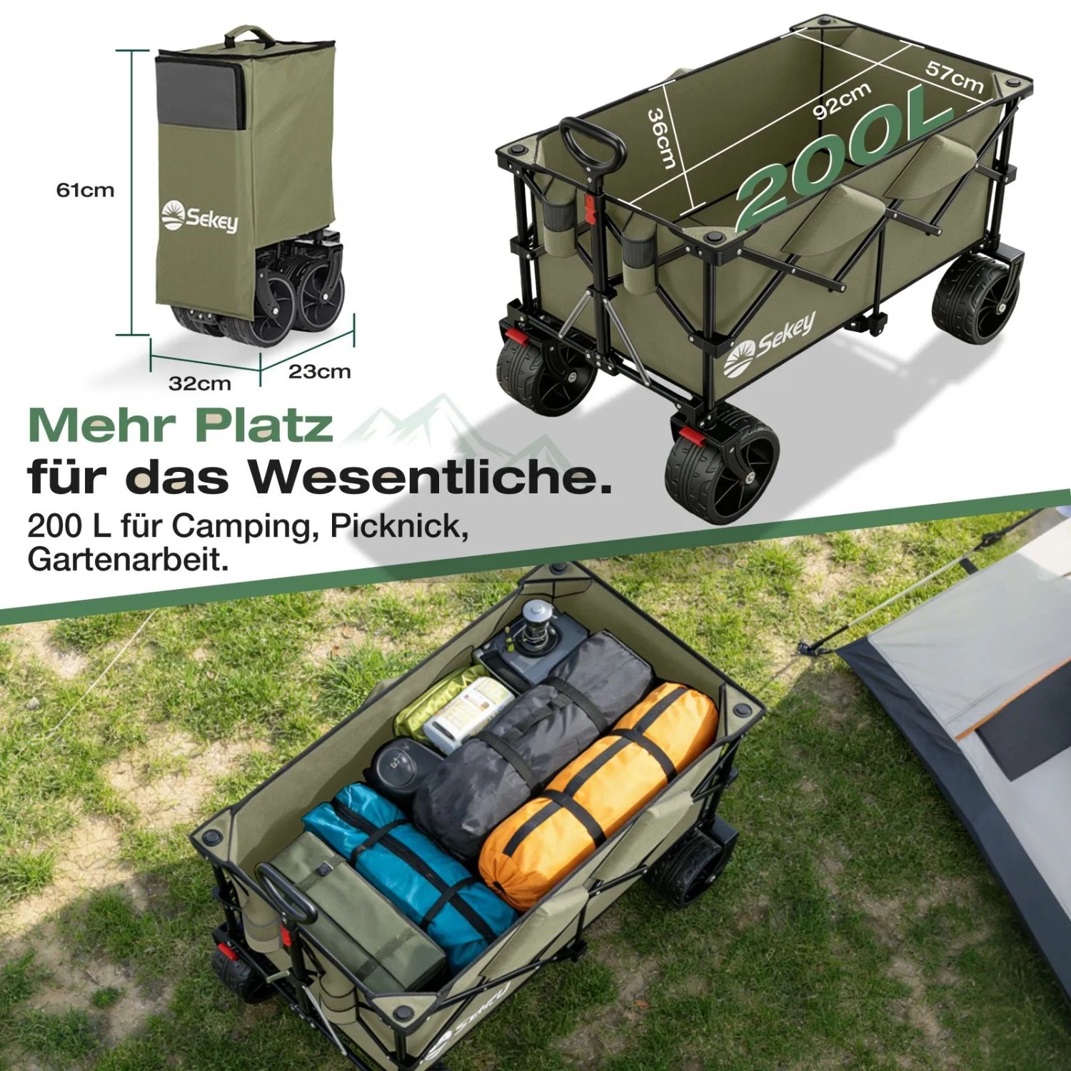 Sekey XXL Bollerwagen, faltbar, olivgrün, mit All-Terrain-Rädern, 200L Fassungsvermögen, ideal für Camping.