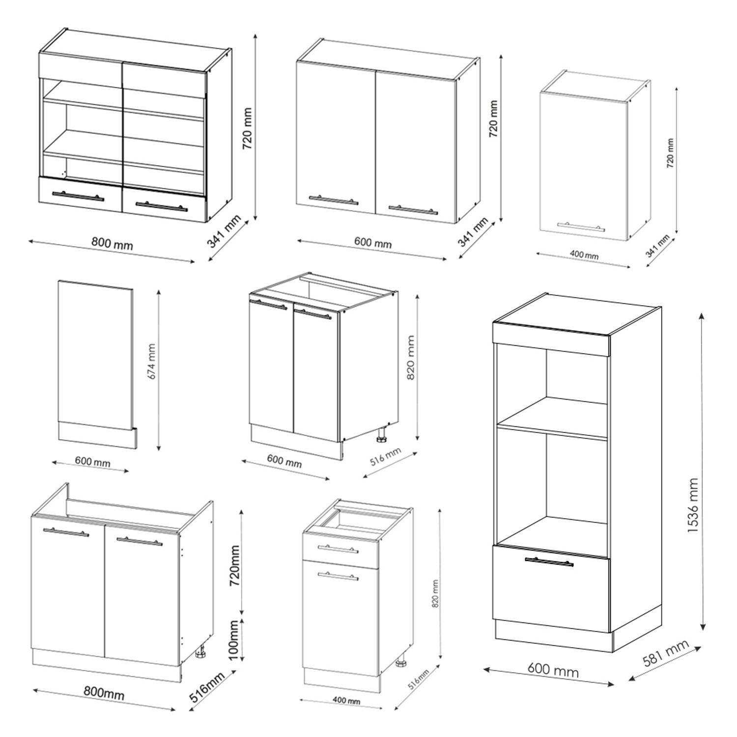 Skizze der Vicco Fame-Line Küchenzeile 300 cm mit Maßen der einzelnen Schränke.