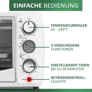 Detailaufnahme Steinborg Minibackofen SB-3005W, weiße Front mit Temperaturregler, Timer und Funktionswahl.