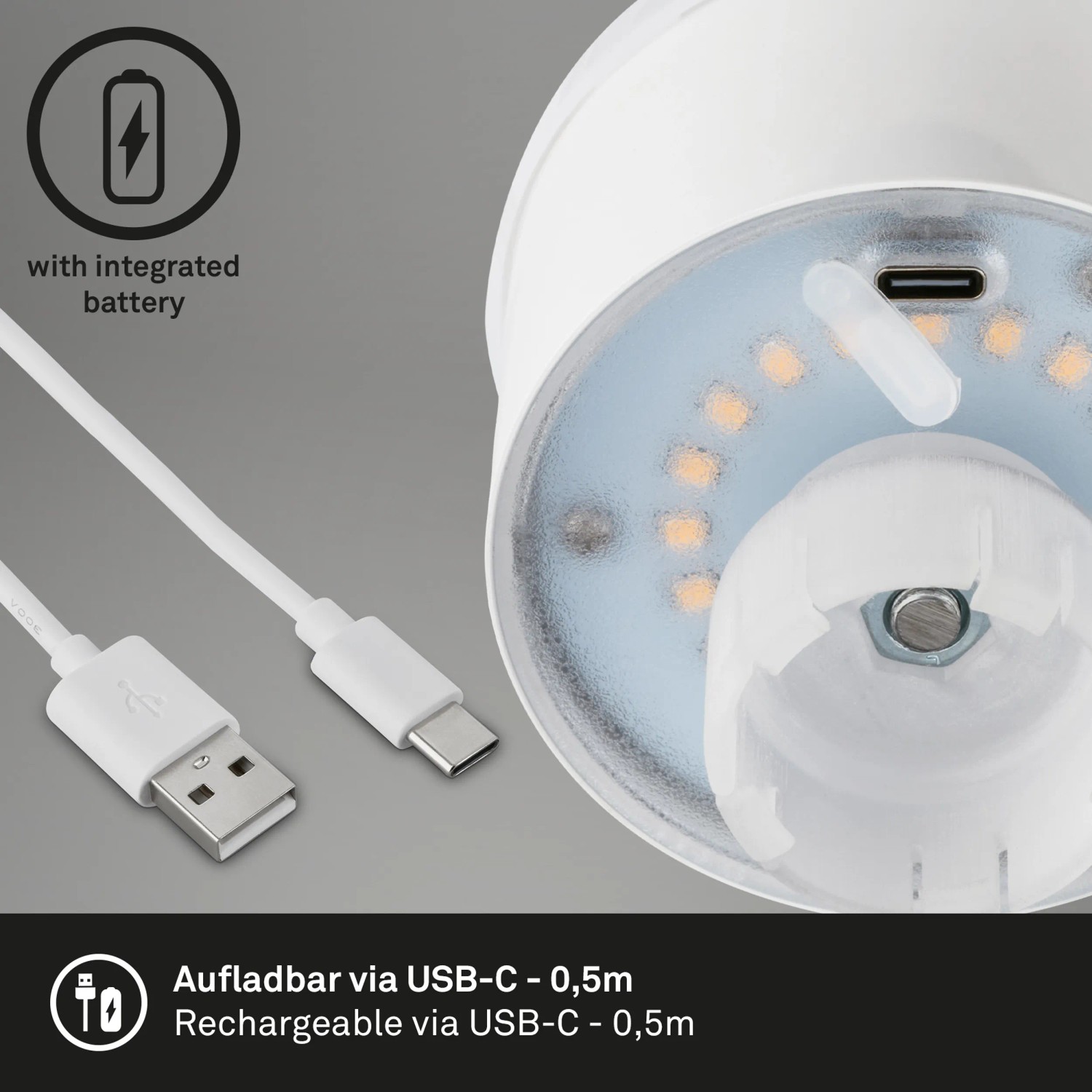 Detailaufnahme des Brilo Akku-Flaschenlichts Flaska Gold-Matt mit USB-C-Ladekabel.