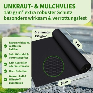 TTL GARDEN Unkrautvlies 150g/m² 1x50m 50m² Rolle Schwarz Extra Starkes Gartenvlies gegen Unkraut Mulchvlies Wasserdurchlässig & UV-stabil