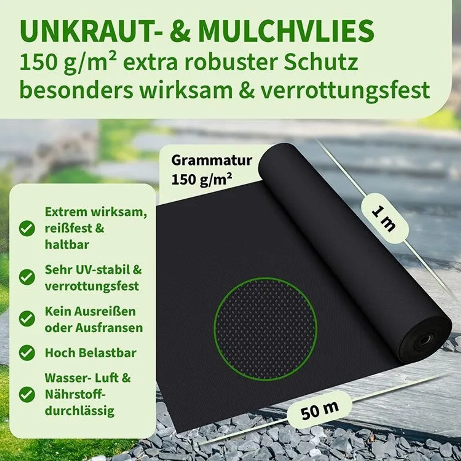TTL GARDEN Unkrautvlies 150g/m² 1x50m 50m² Rolle Schwarz Extra Starkes Gartenvlies gegen Unkraut Mulchvlies Wasserdurchlässig & UV-stabil_2