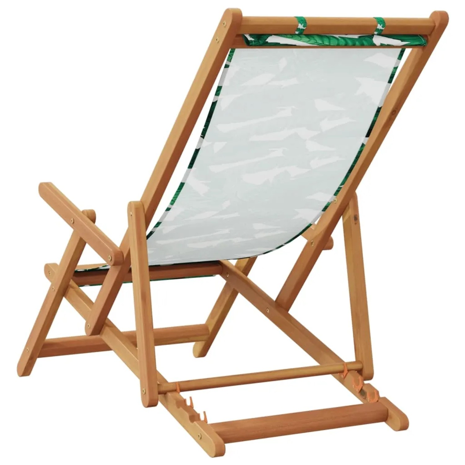 Klappbarer Strandstuhl aus Eukalyptusholz mit Blattmuster, verstellbar und bequem.