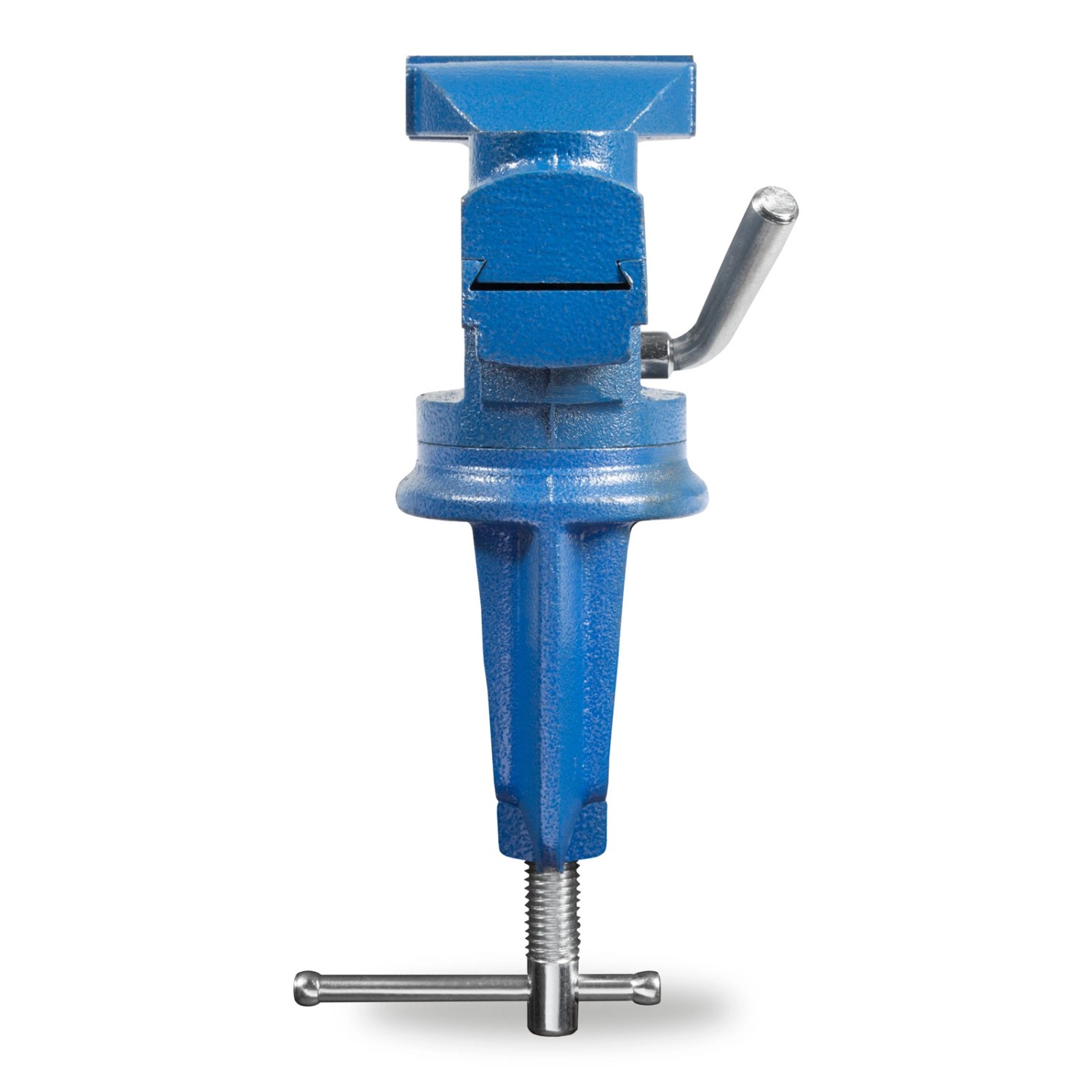 Blauer EBERTH Mini Schraubstock mit Tischklemme, 360° drehbar, max. 70 mm Spannweite.