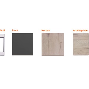 Flex-Well Musterpaket: Front Basaltgrau, Korpus/Arbeitsplatte San Remo Eiche, Griff für Küchenzeile.