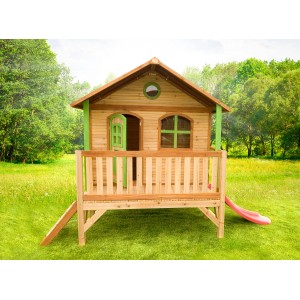 Axi Stef Spielhaus aus Holz mit roter Rutsche, braun-grün, für Kinder zum Spielen im Garten.