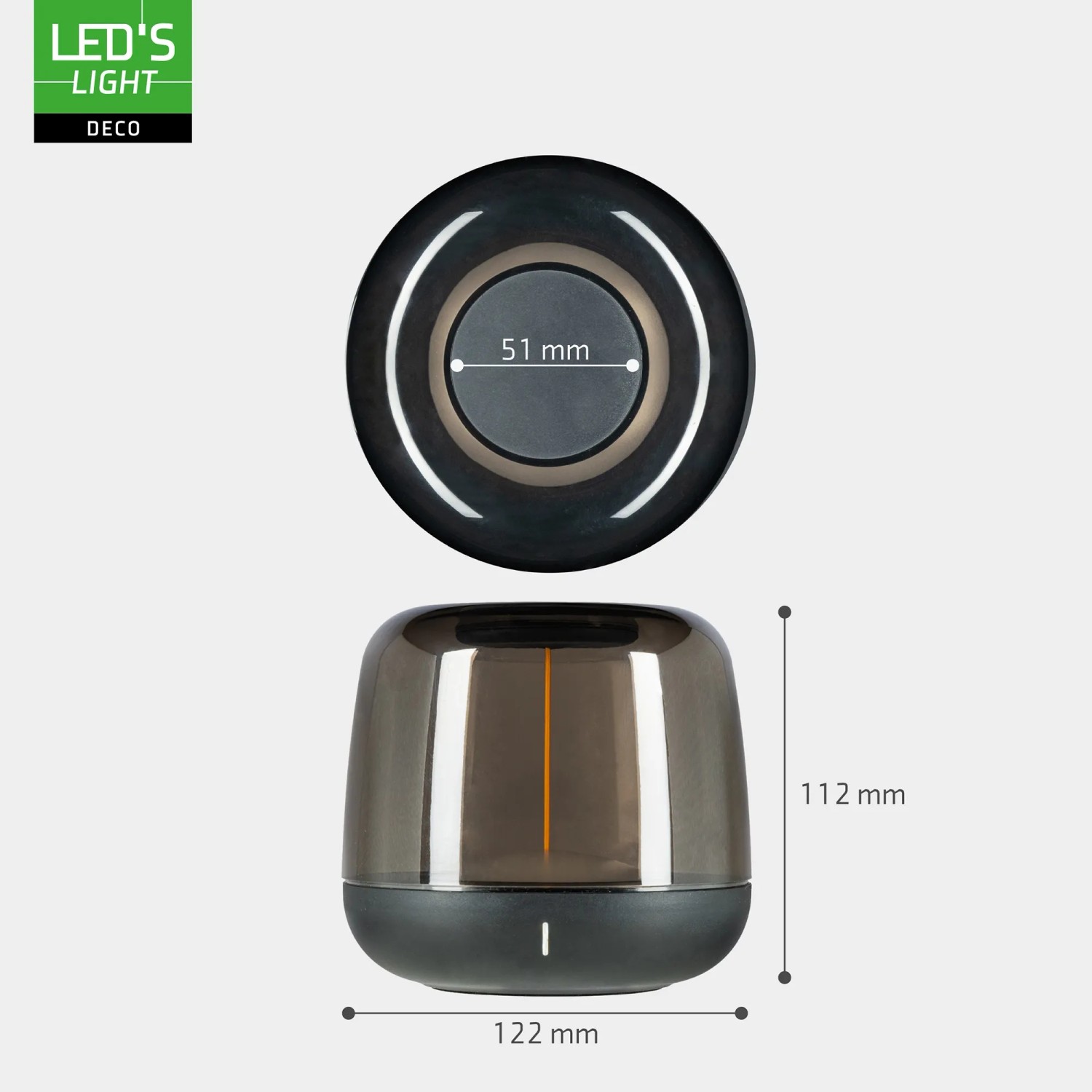 Dimmbare LED's light Akku Tischleuchte mit RGB, 2700K, IP44, Ansicht mit Maßen.