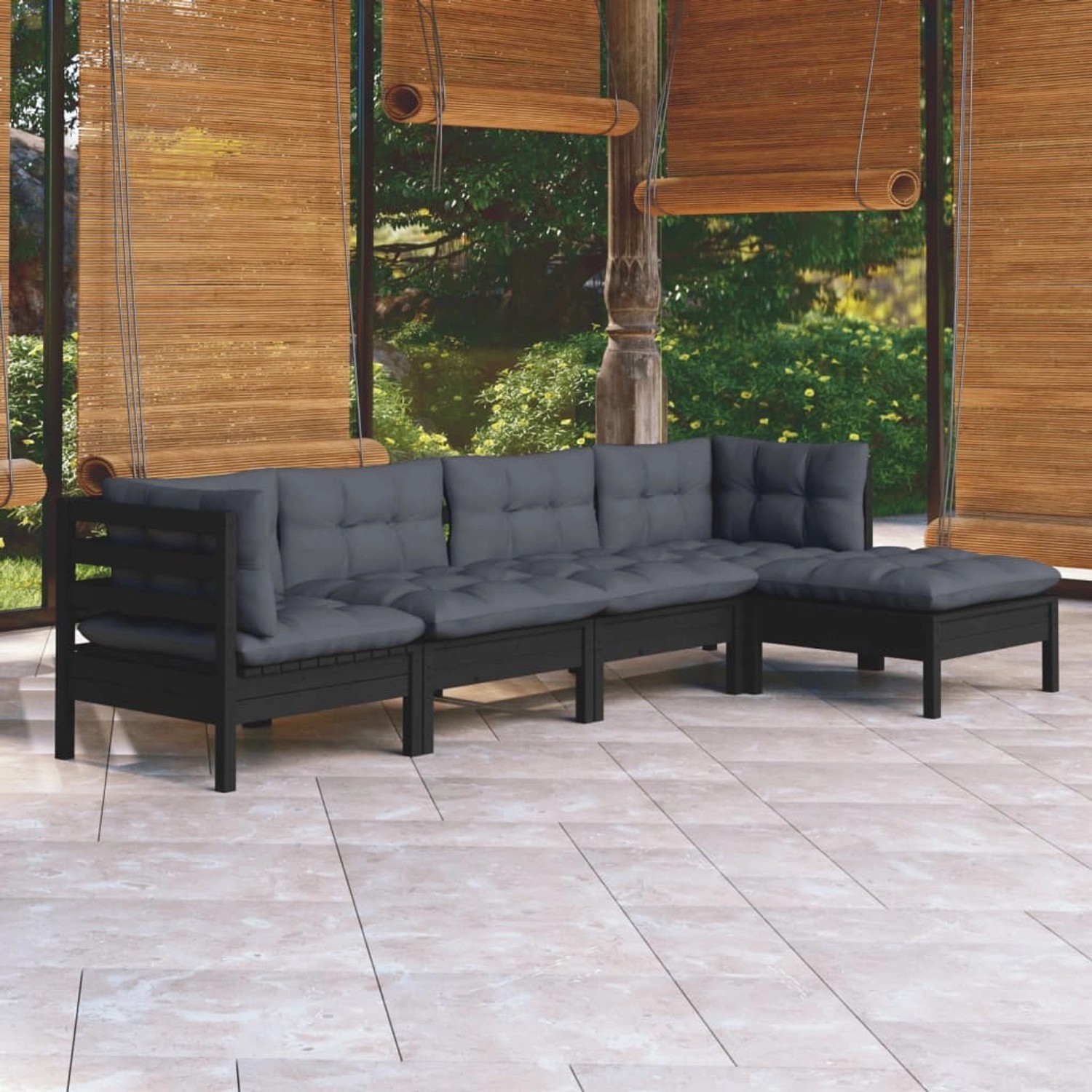 Schwarzes 5-tlg. vidaXL Garten-Lounge-Set aus Kiefernholz mit anthrazitfarbenen Kissen.