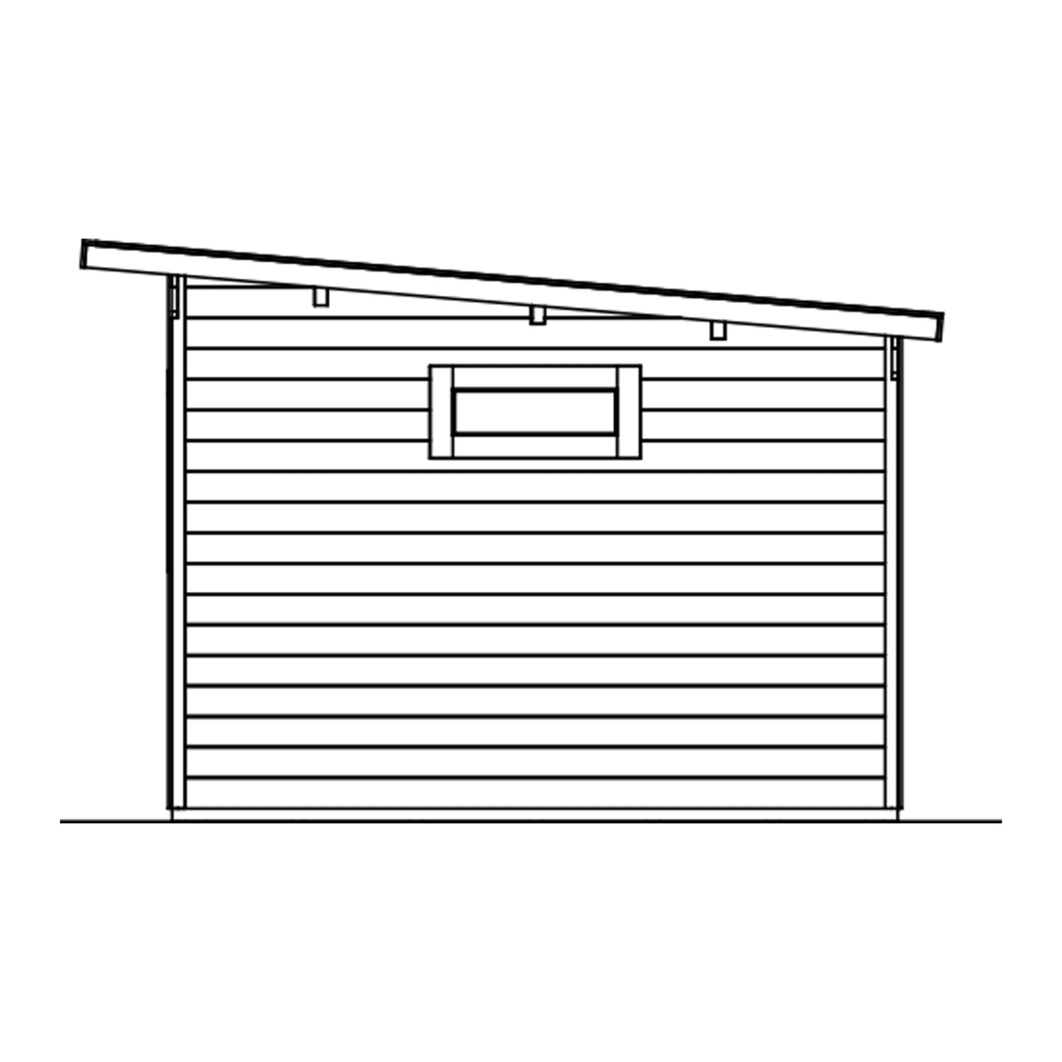 Illustration eines grauen Skan Holz Gartenhauses Dilbeek mit Fenster und Pultdach.