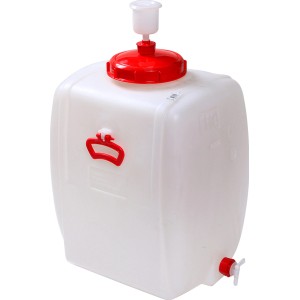 Rechteckiges, weißes 110 l Getränkefass Comfort aus Kunststoff mit Gärglocke und Auslaufhahn.