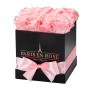 Eckige Rosenbox in Schwarz mit rosa Schleife und 12 rosa Rosen.
