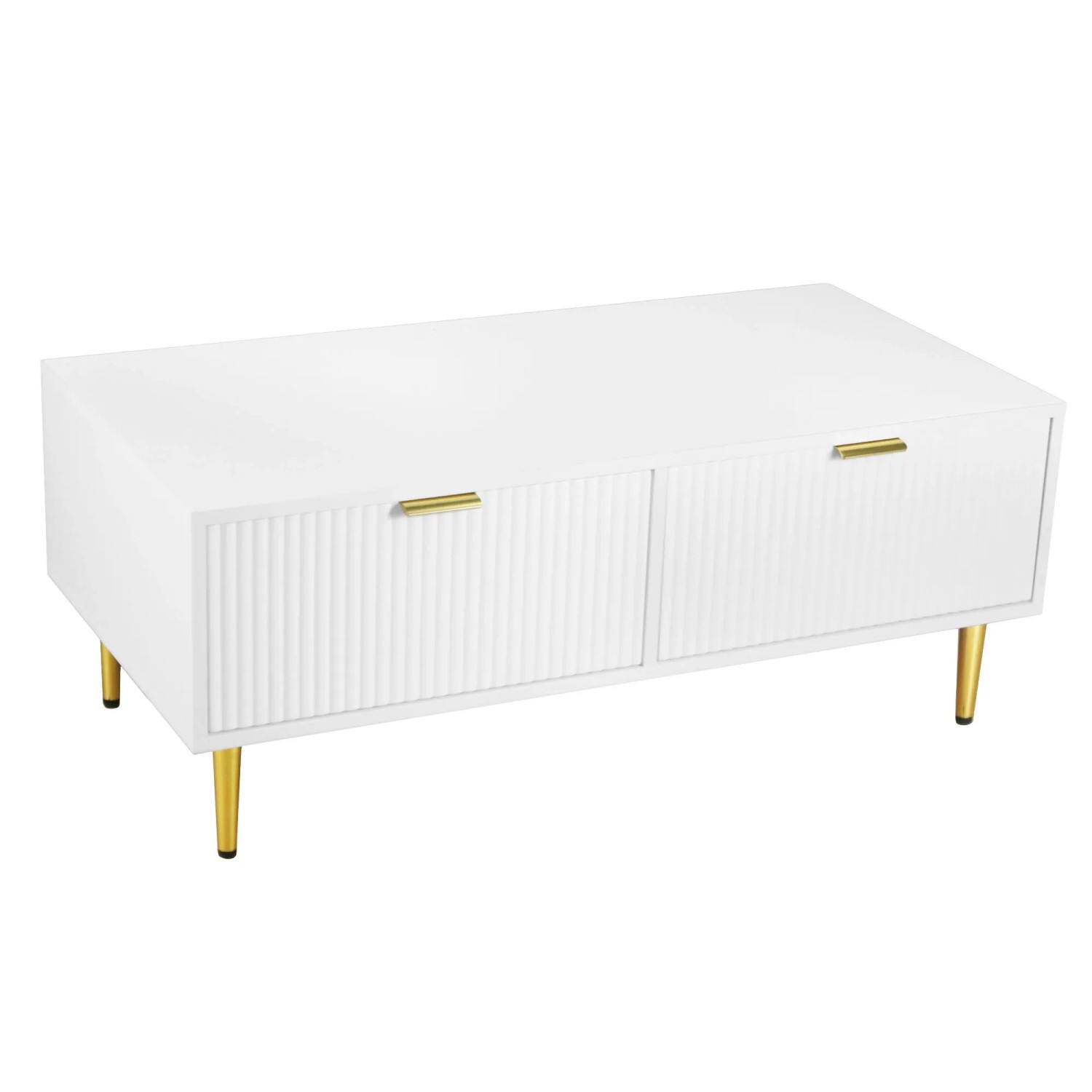 Merax Couchtisch Weiß mit 2 Schubladen Goldene Akzente Rillenoptik Wohnzimmertisch