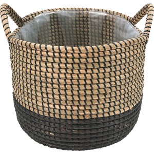 Schwarzer Korb aus Seegras, 35x35x32 cm, mit zwei Henkeln, für Übertöpfe oder als Deko.