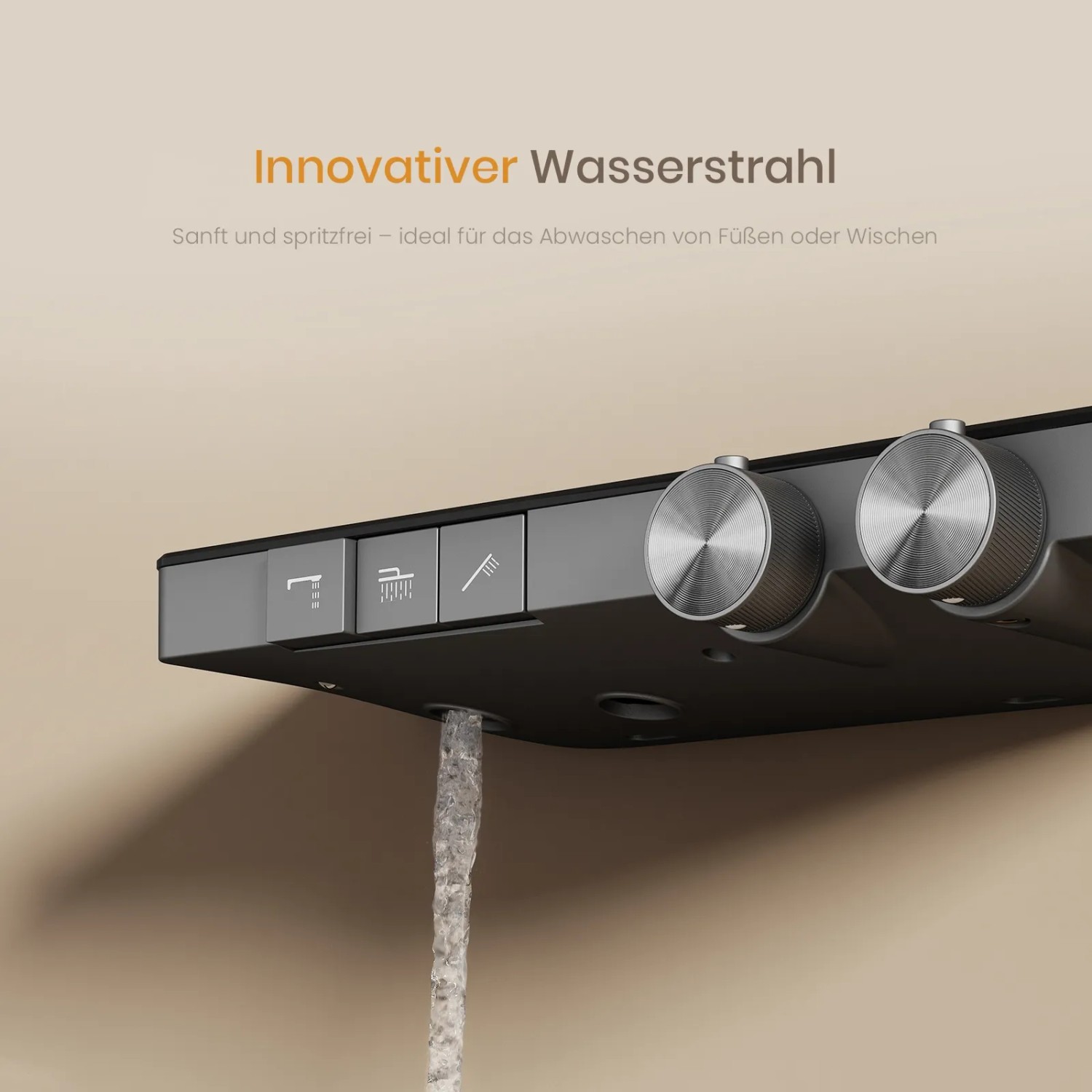 Detailaufnahme des Emke Duschsystems mit Thermostat in Anthrazit Matt, das einen innovativen Wasserstrahl zeigt.