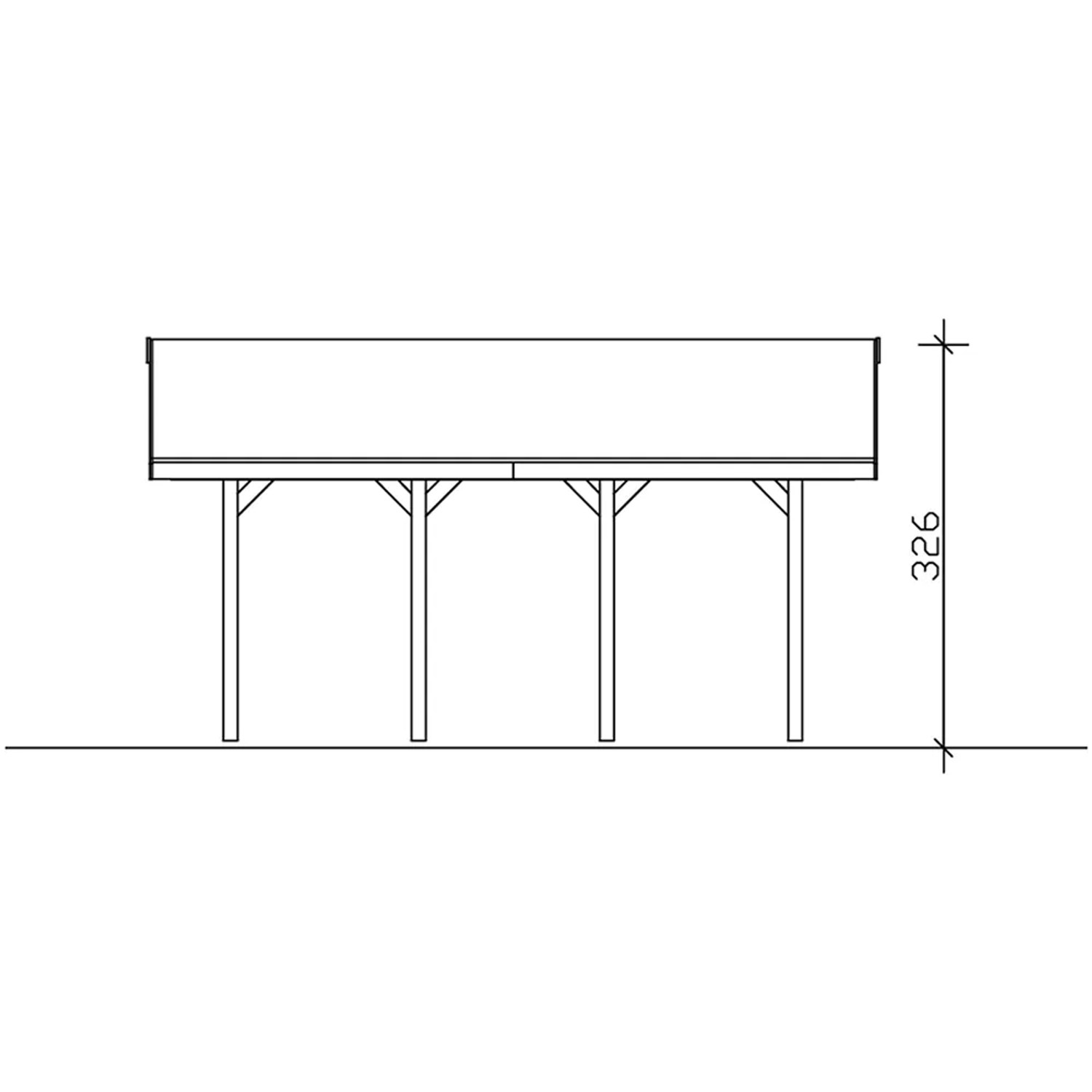 Technische Zeichnung eines Satteldach-Carports Wallgau 430x600 cm mit schwarzen Schindeln.