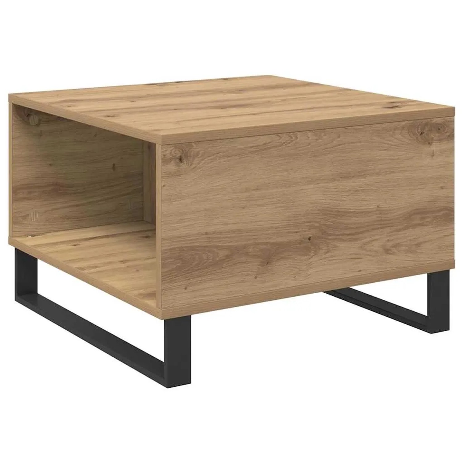Quadratischer Couchtisch Artisan-Eiche aus Holzwerkstoff mit offenem Fach, geschlossener Front und schwarzem Metallgestell.