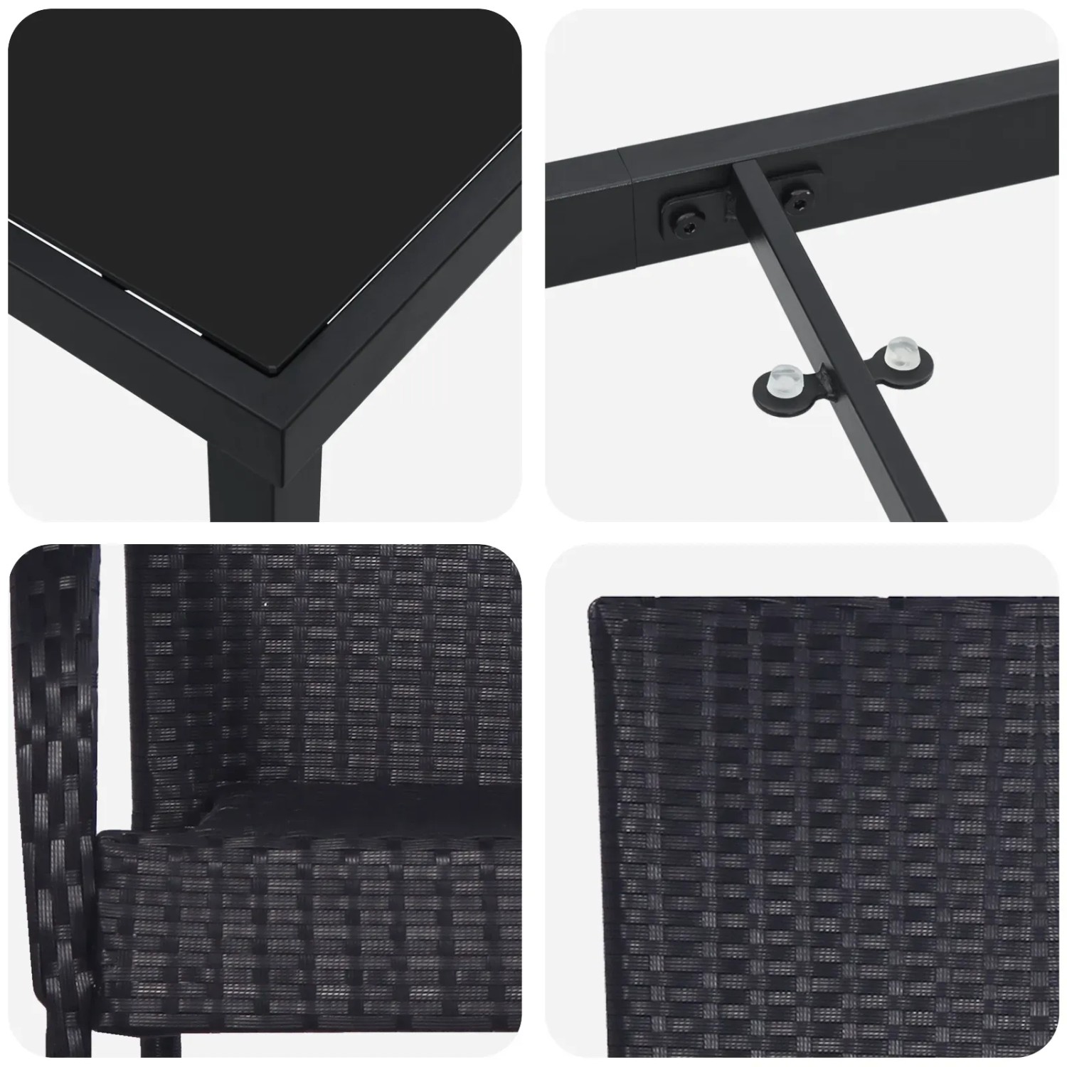 Detailansichten der vidaXL Garten Essgruppe, 9-teilig, schwarz, Poly Rattan: Tischplatte, Gestell und Stuhlgeflecht.