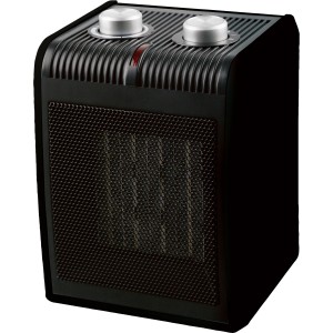 Schwarzer OBI Keramikheizer Lasbi mit zwei Drehreglern und Lüftungsgitter.