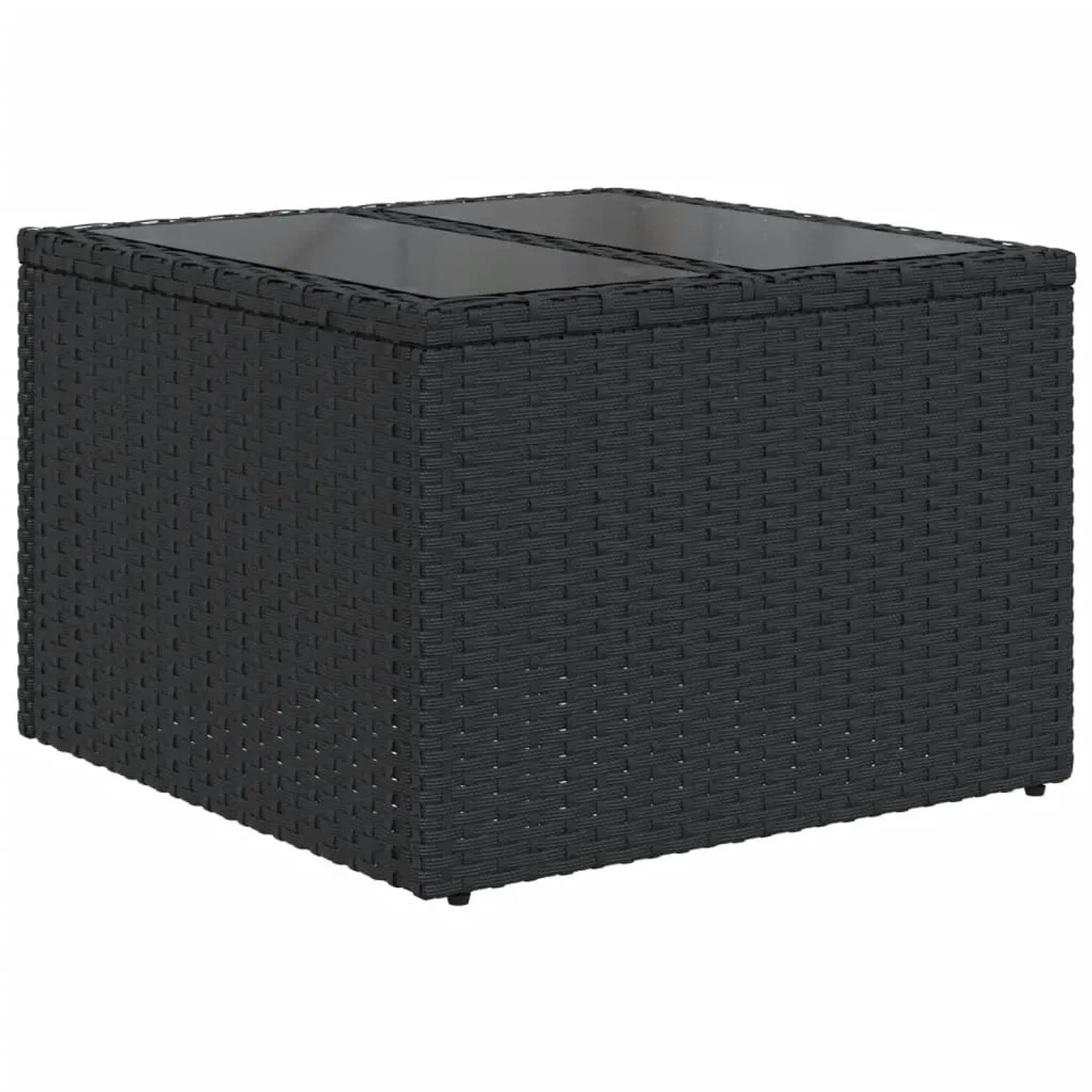 Schwarzer vidaXL Gartentisch aus Rattan mit Glasplatte, Teil der Garten-Sofagarnitur.