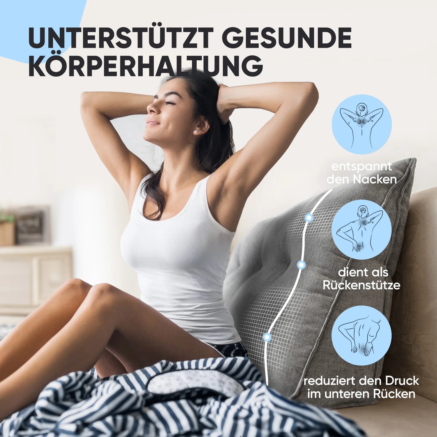 Björn&Schiller Rückenkissen Grau 70cm: Frau entspannt mit dem Kissen, das Nacken und Rücken stützt.