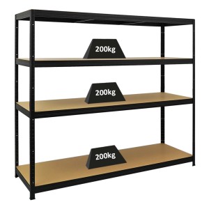 Schwarzes PROREGAL Schwerlastregal Giant Elephant mit 4 Böden und 200kg Fachlast.