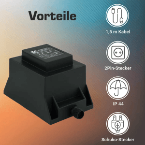 Schwarzer Kerry Electronics Trafo 105W 12V IP44 mit 2-Pin-Stecker und 1,5m Kabel.