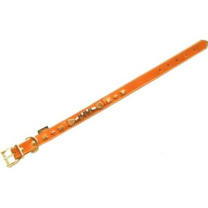 Cognacfarbenes Heim Hundehalsband Buffalo, 25mm breit, 45cm lang, mit Nieten und Schmuckelementen.