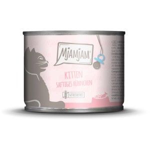 Mjamjam Katzen-Nassfutter Saftiges Hühnchen mit Lachsöl, 200g Dose. Katzenfutter mit Hühnchen und Lachsöl.
