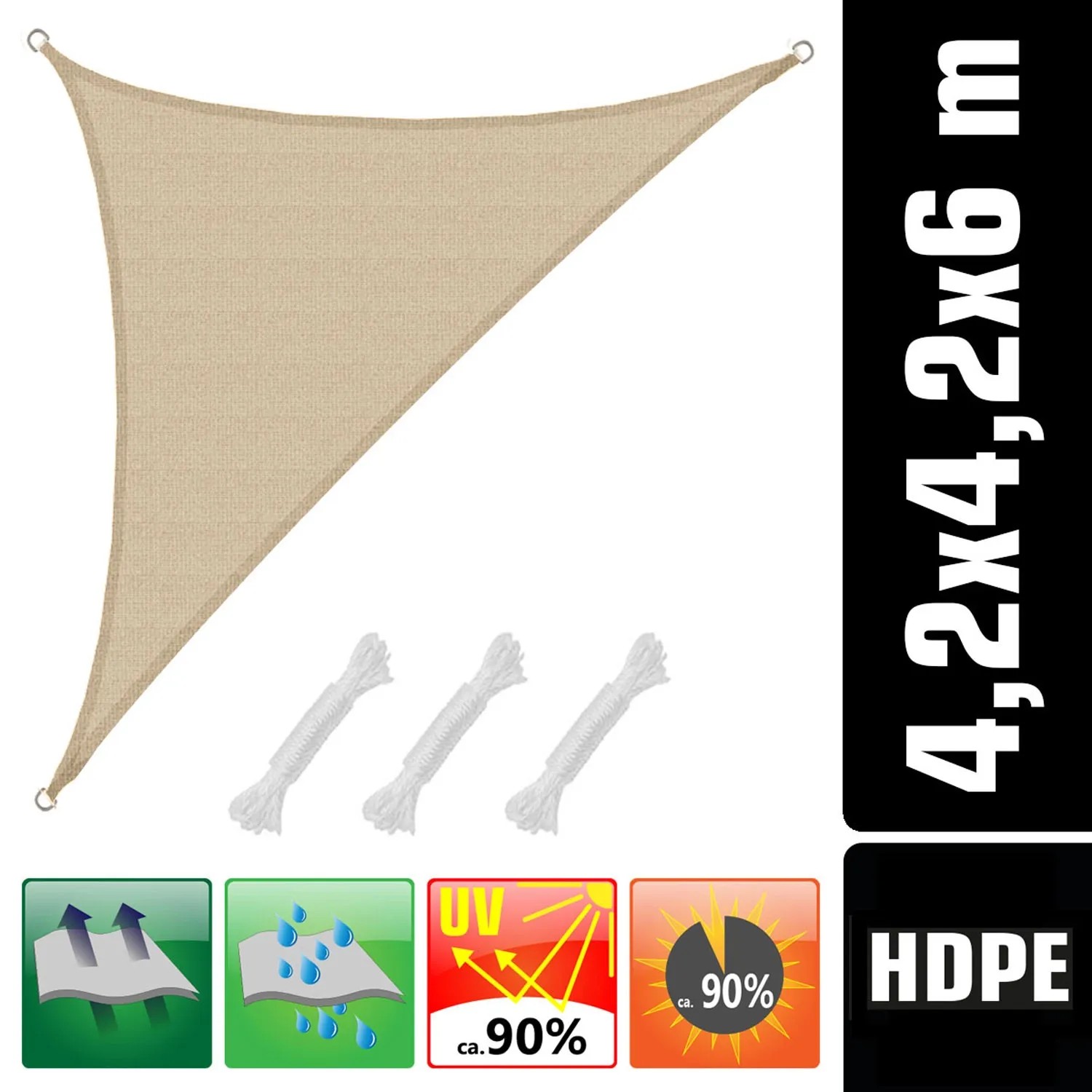 Beiges AMANKA Sonnensegel Dreieck 4,2x4,2x6m aus HDPE mit Seilen und UV-Schutz.