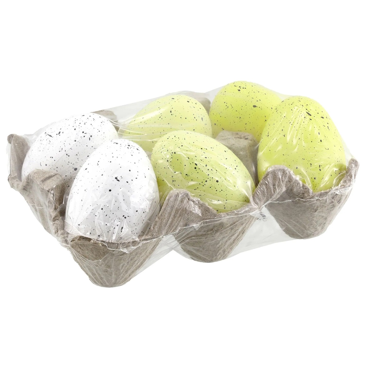 Osterdeko Eierbox mit 6 Eiern aus Kunststoff 6 cm Weiß-Gelb