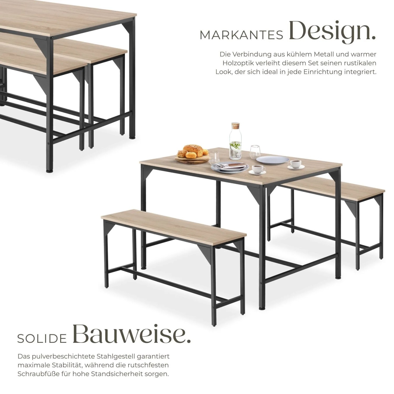 Tectake Sitzgruppe Bolton 3 Teilig Esstisch Mit 2 Sitzbänken 100 x 130 x 75 cm Industrial Holz Hell Eiche Sonoma_3
