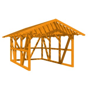 Skan Holz Carport Schwarzwald in Eiche mit Dachlattung und Rückwand, Fachwerkbauweise.
