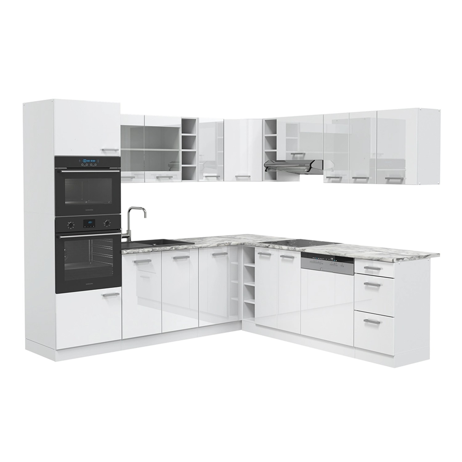 Vicco R-Line Eckküche Weiß Hochglanz/Weiß 237 x 60 cm AP Marmor günstig online kaufen