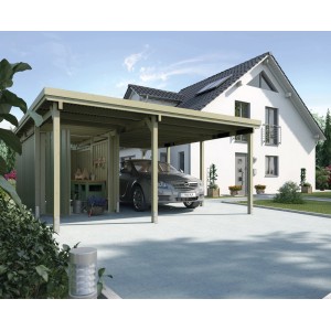 Weka Einzelcarport mit XL Geräteraum, Holzkonstruktion mit PVC-Dachplatten und Stellplatz für ein Auto.