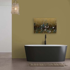 Bricoflor Leinwandbild Pfau Gold, chinesisches Wandbild mit Vögeln und Blumen, 90x60 cm.