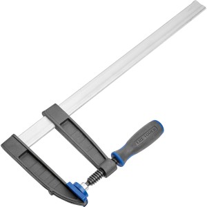 LUX Schraubzwinge Comfort, 400x120mm, Spannwerkzeug aus Temperguss und Stahl, mit blauem Griff.