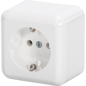 Weiße Merten Aufputz Schuko-Steckdose aus Thermoplast, Detailansicht.