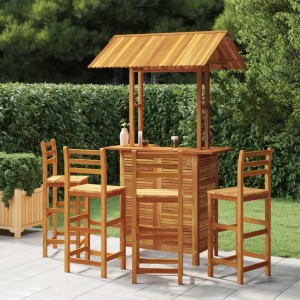 vidaXL Gartenbar-Set aus Akazienholz mit Bar und 4 Hockern im Garten.