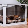 Weiße Hundebox Indoor mit Tischoberfläche und kleinem Hund im Hundebett.