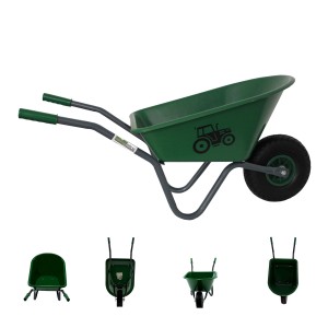 Grüne Kinderschubkarre mit Trecker Motiv, 20L Kunststoffwanne, Traglast 40kg.